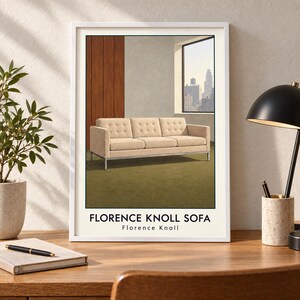 May include: A framed wall art print featuring a beige tufted sofa with a metal frame, set in a room with wood paneling and a city skyline view through a window. The text FLORENCE KNOLL SOFA and Florence Knoll is printed at the bottom of the print.