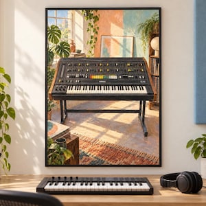 May include: A framed wall art print depicting a vintage Yamaha CS-80 analog synthesizer. The keyboard features a black control panel with numerous sliders, knobs, and colorful buttons, housed in a wooden frame, mounted on a black metal stand.