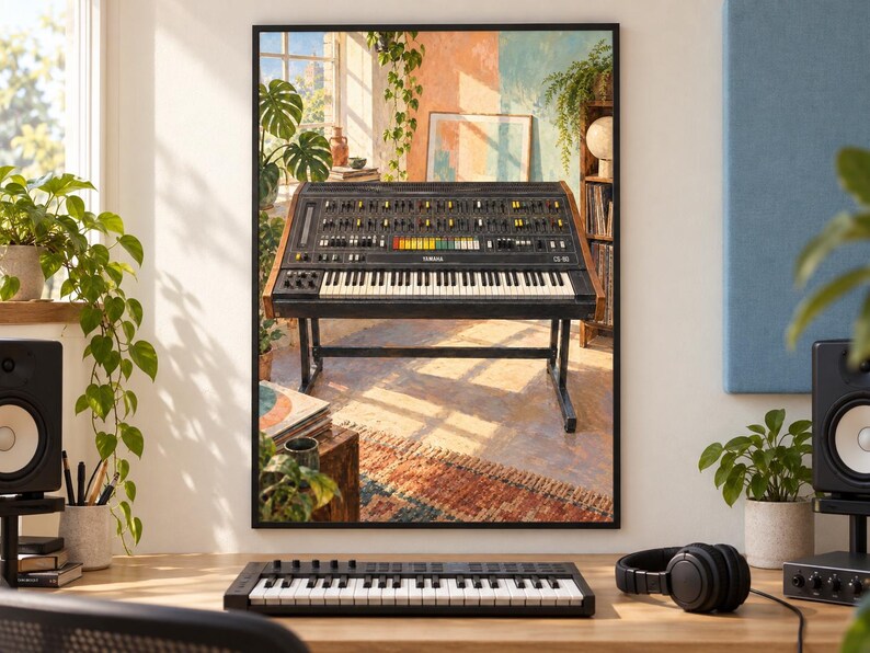 May include: A framed wall art print depicting a vintage Yamaha CS-80 analog synthesizer. The keyboard features a black control panel with numerous sliders, knobs, and colorful buttons, housed in a wooden frame, mounted on a black metal stand.