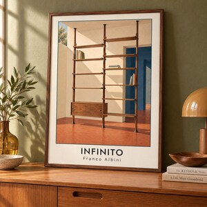 May include: A framed art print featuring the Infinito shelving system by Franco Albini. The image depicts a floor-to-ceiling wooden shelving unit with thin vertical supports and horizontal shelves against a cream wall, with a terracotta floor.