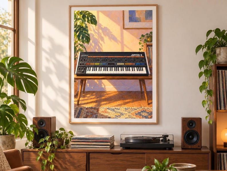 Op de afbeelding: Een ingelijste wandkunstprint met een Roland Jupiter-8 synthesizer op een houten tafel. De synthesizer heeft een zwart bedieningspaneel met kleurrijke knoppen, een wit toetsenbord en de tekst JUPITER-8 aan de rechterkant van het paneel.