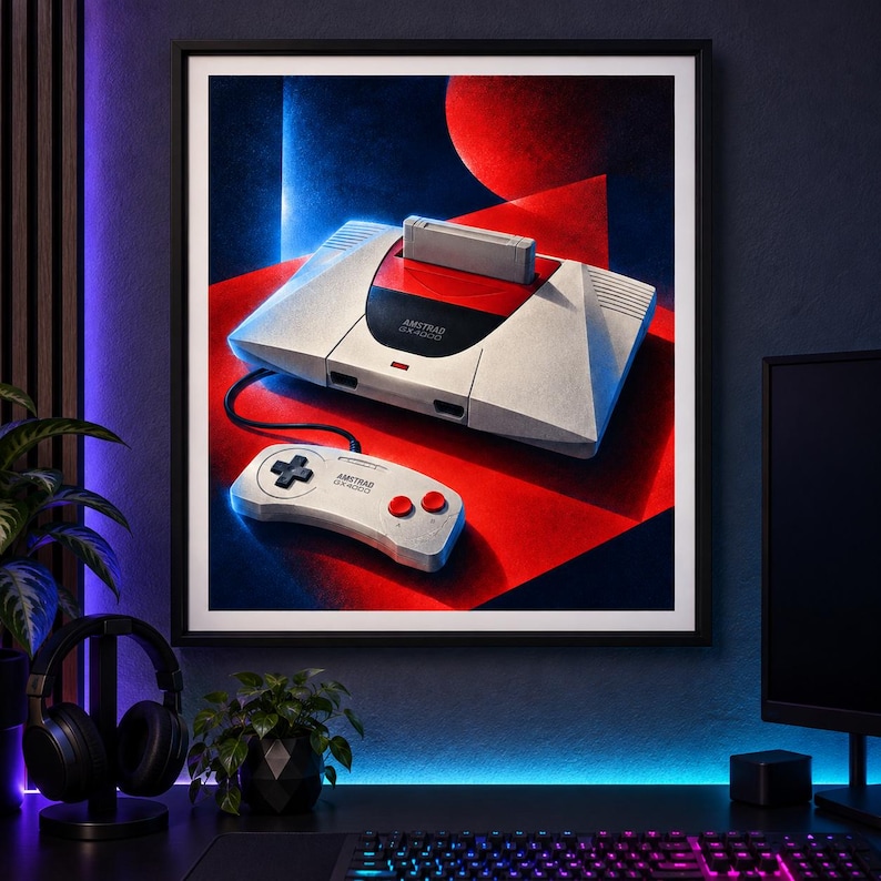 May include: A framed art print featuring a white and red Amstrad GX4000 video game console with a cartridge inserted and a matching controller. The console and controller are set against a vibrant background of geometric red and blue shapes.
