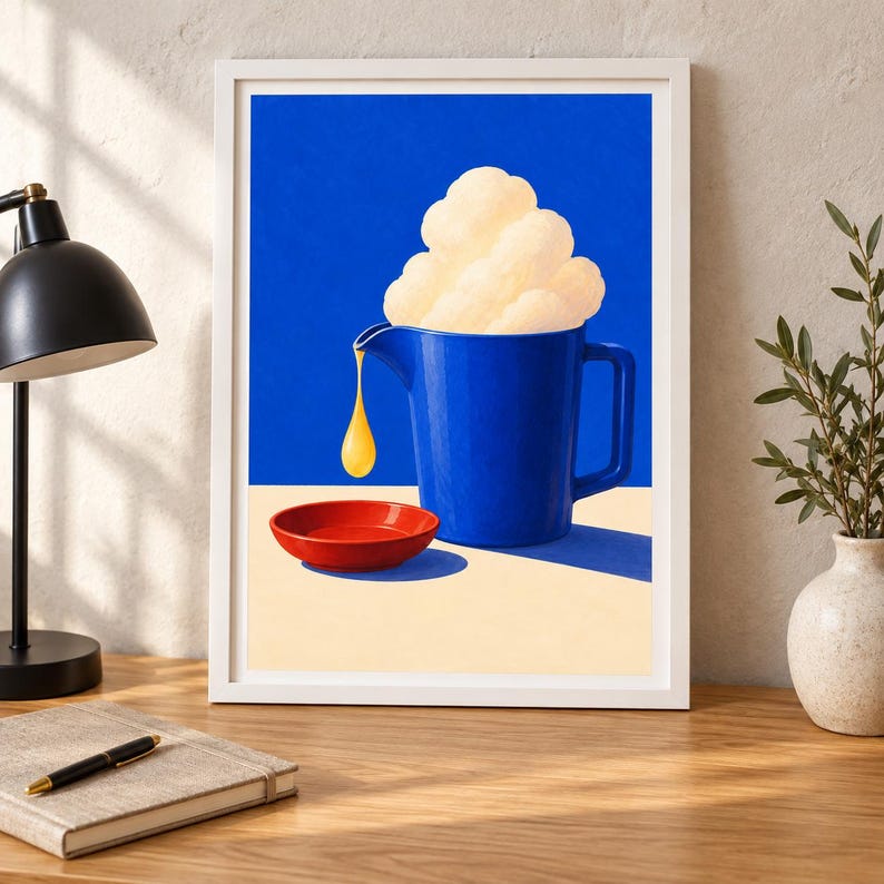 May include: A framed art print featuring a vibrant blue pitcher filled with fluffy white clouds. A single golden yellow drop falls from the pitcher spout into a small, shallow red bowl. The background is a solid blue sky above a beige surface.