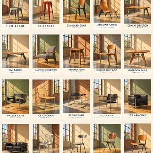 May include: A collection of twenty iconic furniture pieces including chairs, stools, tables, and sofas, each labelled with its name and designer, such as the Tolix A Chair, Wassily Chair, and LC3 Sofa, displayed in a grid of individual room settings.