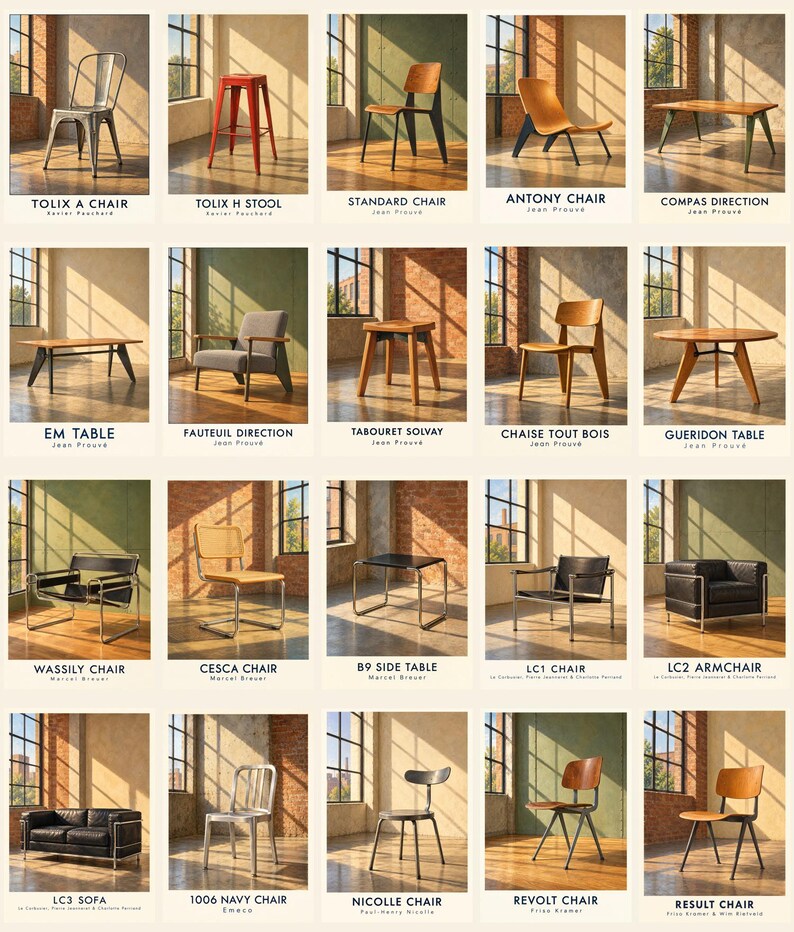 May include: A collection of twenty iconic furniture pieces including chairs, stools, tables, and sofas, each labelled with its name and designer, such as the Tolix A Chair, Wassily Chair, and LC3 Sofa, displayed in a grid of individual room settings.