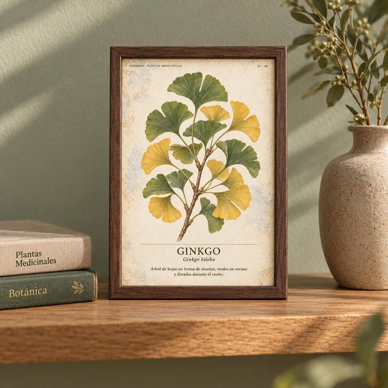 Pu&ograve; includere: Una stampa botanica incorniciata raffigurante un ramo di ginkgo biloba con foglie verdi e gialle a forma di ventaglio. La stampa include il testo GINKGO, Ginkgo biloba e una descrizione in spagnolo. La cornice &egrave; in legno marrone scuro.