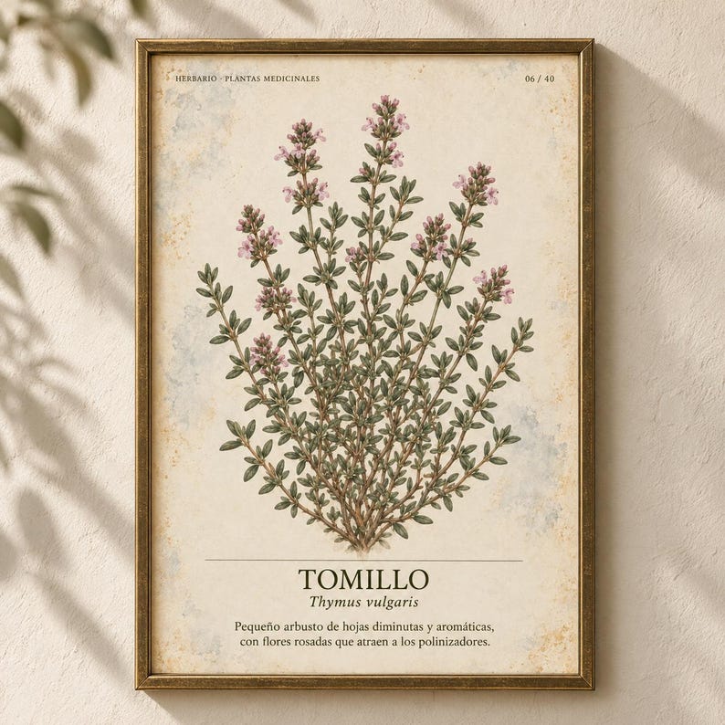 May include: A framed botanical print featuring a detailed illustration of a Thymus vulgaris plant with small green leaves and light pink flowers. The text reads HERBARIO PLANTAS MEDICINALES 06/40, TOMILLO, Thymus vulgaris, and a Spanish description.