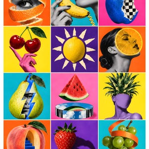 May include: A collage of twelve surrealist images featuring fruits and human elements. Includes an orange peel eye, a banana phone, a checkered apple, cherries, a lemon sun, an orange face, a lightning pear, watermelon, a pineapple head, a peach staircase, a strawberry, and grapes.