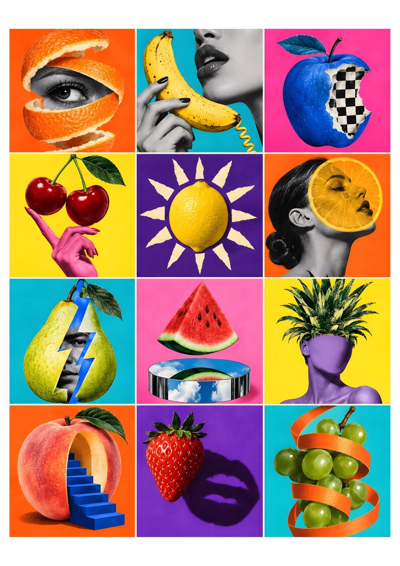 May include: A collage of twelve surrealist images featuring fruits and human elements. Includes an orange peel eye, a banana phone, a checkered apple, cherries, a lemon sun, an orange face, a lightning pear, watermelon, a pineapple head, a peach staircase, a strawberry, and grapes.