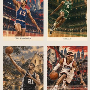 May include: A set of four basketball art prints featuring Wilt Chamberlain in a blue jersey, Bill Russell in a green Celtics jersey, Tim Duncan in a black jersey, and Allen Iverson in a white Sixers jersey, each with their name printed below.