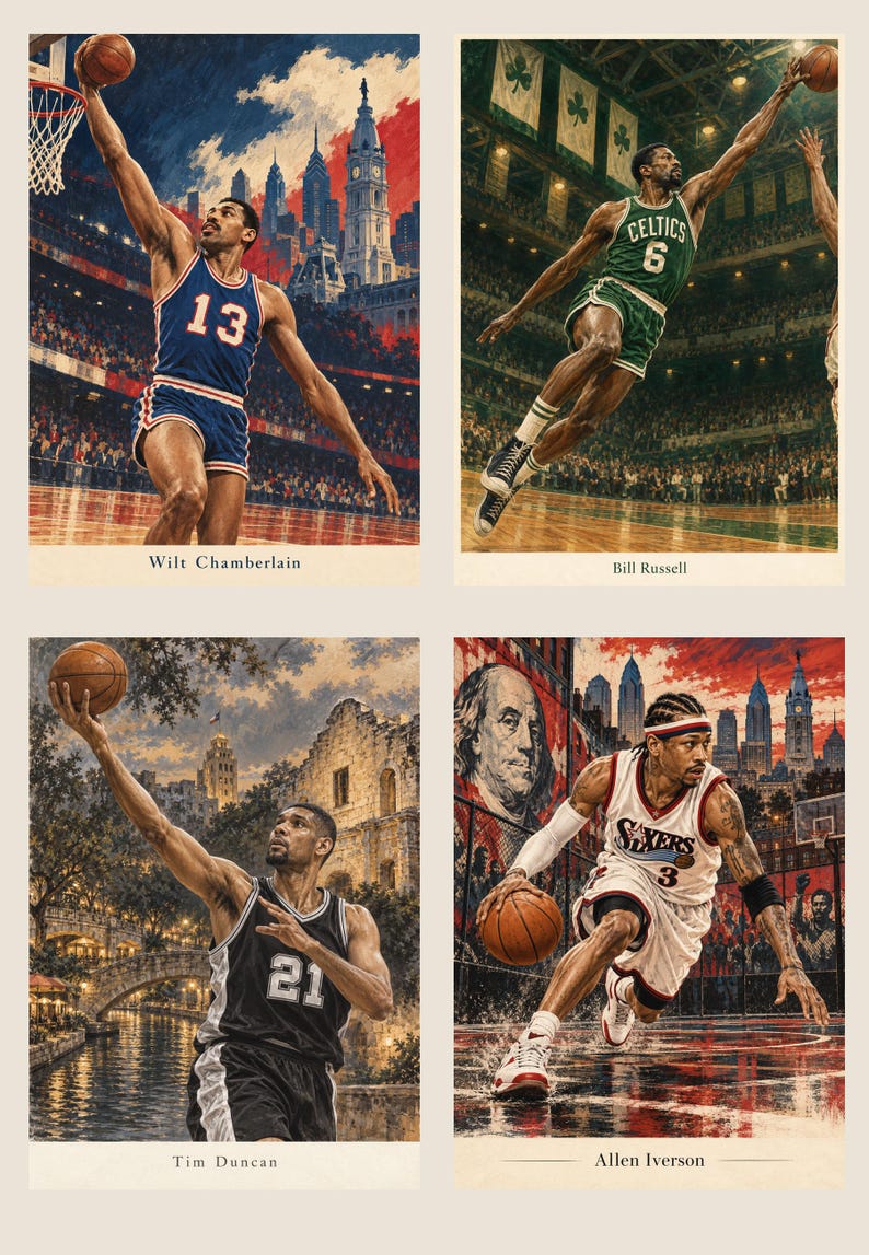 May include: A set of four basketball art prints featuring Wilt Chamberlain in a blue jersey, Bill Russell in a green Celtics jersey, Tim Duncan in a black jersey, and Allen Iverson in a white Sixers jersey, each with their name printed below.