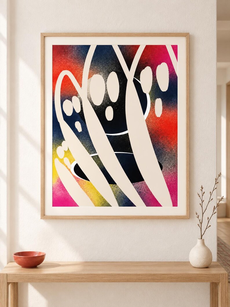 May include: A framed abstract wall art print featuring a vibrant, spray-painted background in gradients of red, pink, yellow, and dark blue. Overlaid on this colorful base are bold, sweeping, off-white curved lines and circular shapes.