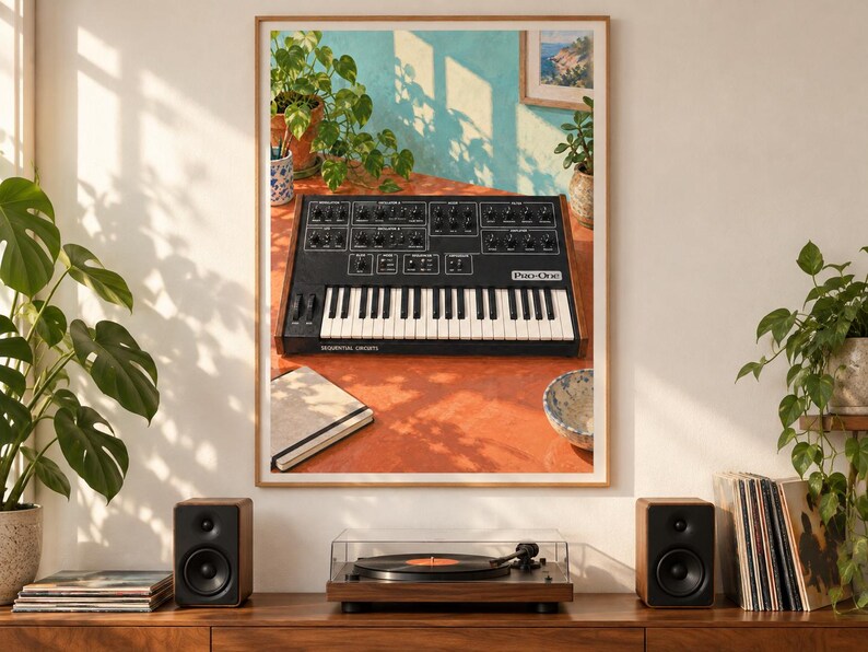Pu&ograve; includere: Una stampa artistica da parete incorniciata che raffigura un sintetizzatore analogico nero Sequential Circuits Pro-One con tasti e manopole bianche, posizionato su una superficie arancione vivace con un taccuino e una ciotola, in una stanza con piante.
