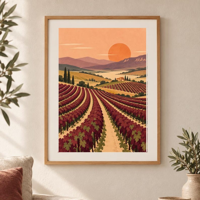 Pu&ograve; includere: Una stampa d'arte incorniciata che raffigura un paesaggio di vigneti con filari di viti rosso scuro che conducono verso una casa in lontananza, colline e un grande sole arancione su un cielo color pesca tenue in orientamento orizzontale.