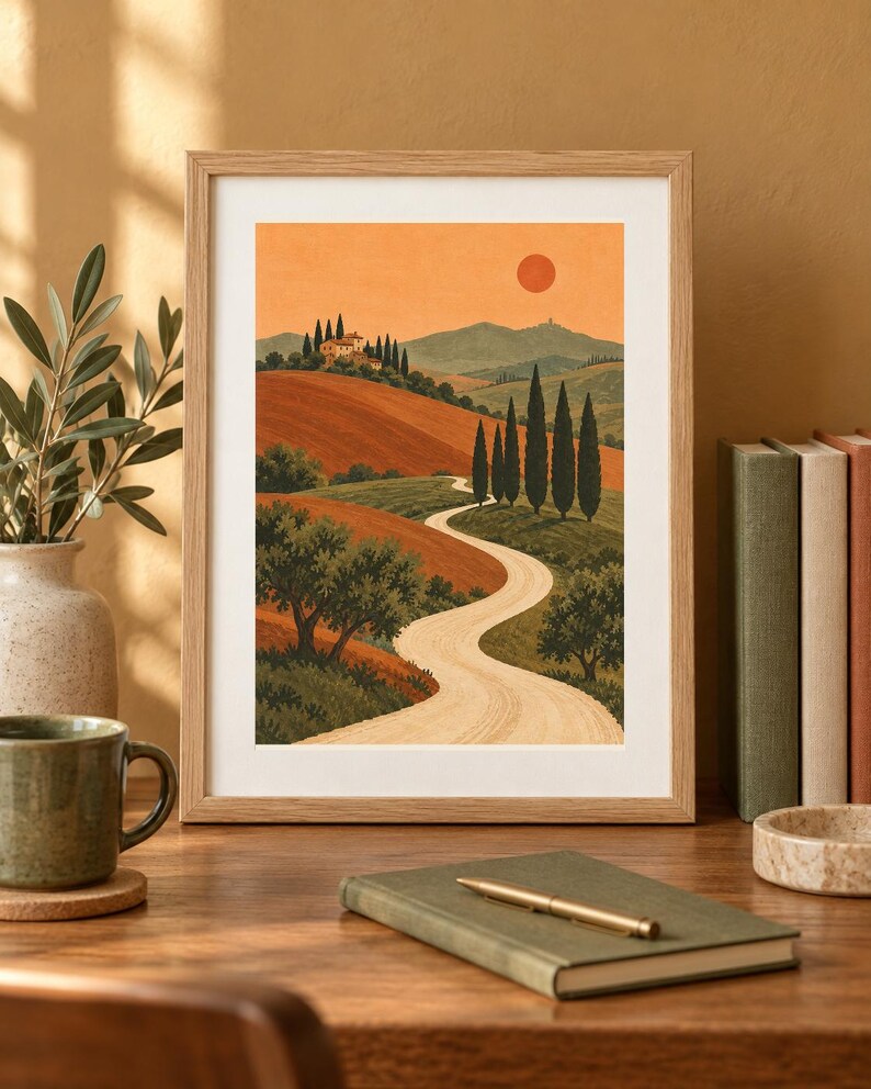 K&ouml;nnte beinhalten: Ein gerahmter Kunstdruck mit einer Landschaftsillustration eines gewundenen Feldwegs durch h&uuml;gelige Landschaften, Zypressen und eine entfernte Villa unter einem warmen orangefarbenen Himmel mit einer runden Sonne, in einem hellen Holzrahmen.