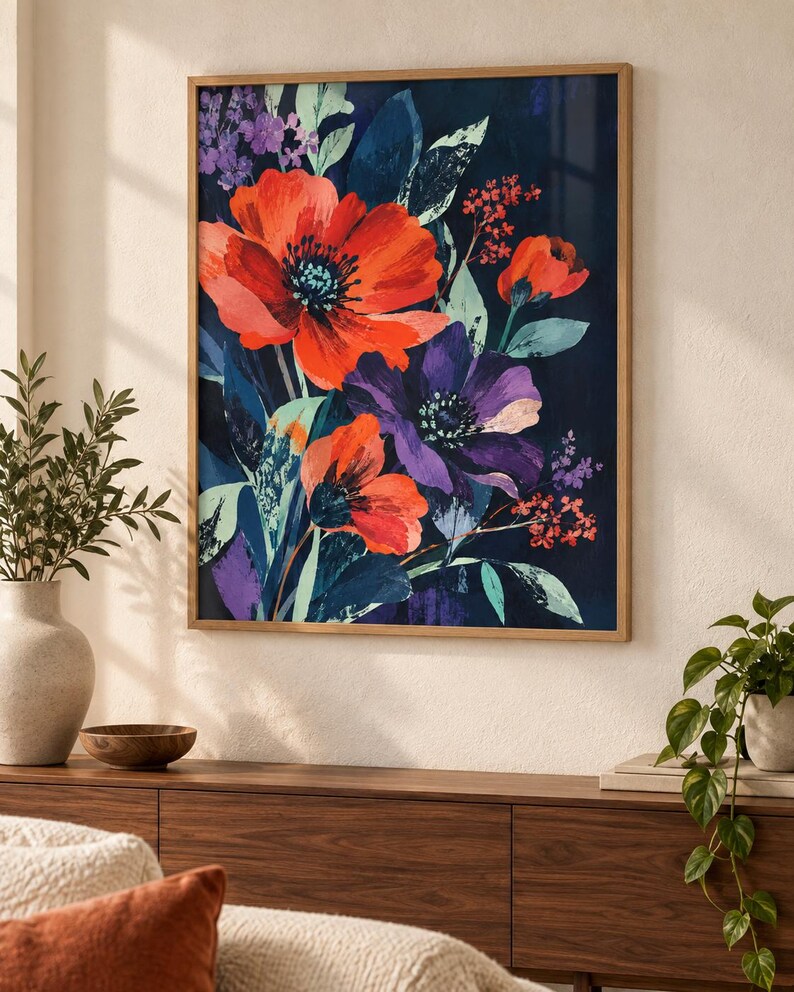 K&ouml;nnte beinhalten: Ein gerahmter Wandkunstdruck mit einem lebendigen Blumenarrangement vor einem dunkelblauen Hintergrund. Die Komposition zeigt gro&szlig;e, kr&auml;ftige orangefarbene und tiefviolette Bl&uuml;ten mit gr&uuml;nem Blattwerk, gestaltet in einem malerischen Stil mit sichtbaren Pinselstrichen.