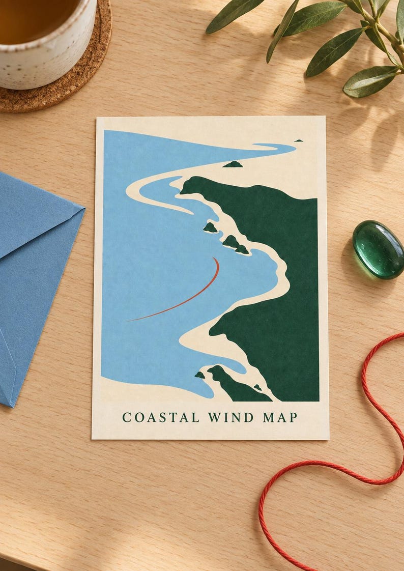 May include: A rectangular print titled COASTAL WIND MAP featuring a stylized illustration of a coastline with dark green land, light beige sandy shores, and a light blue ocean. A thin red curved line indicates wind direction across the water.