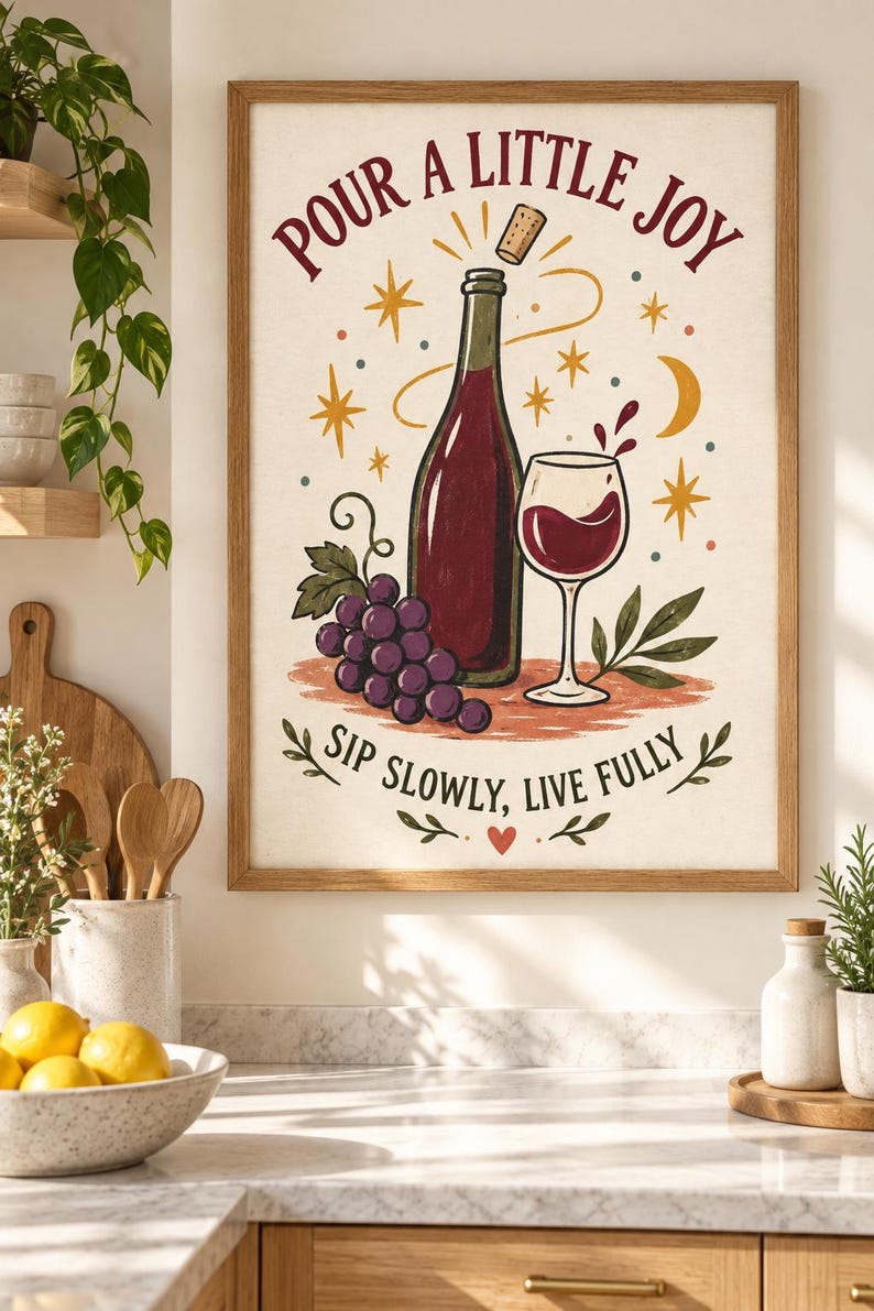 Puede incluir: Una l&aacute;mina enmarcada con una botella de vino, una copa de vino tinto y un racimo de uvas moradas. El texto dice POUR A LITTLE JOY en la parte superior y SIP SLOWLY, LIVE FULLY en la inferior, decorado con estrellas, una luna y un coraz&oacute;n rojo.