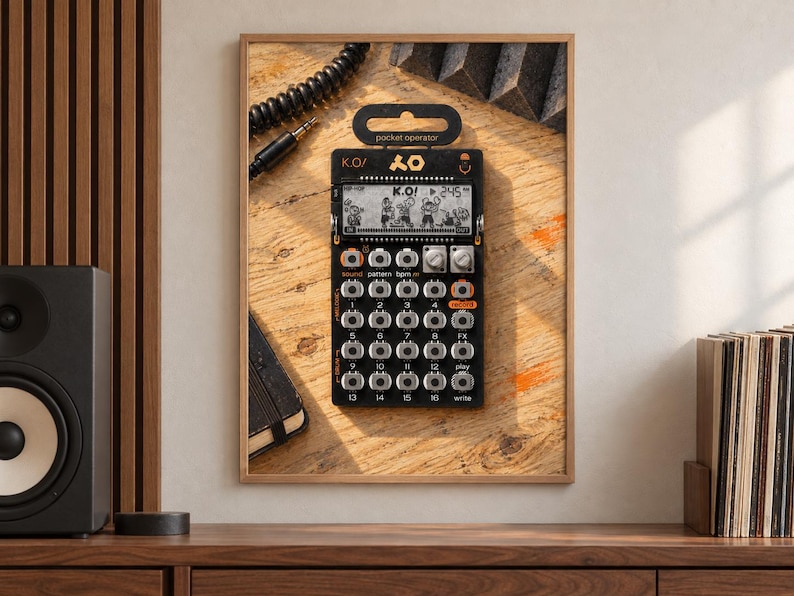 Op de afbeelding: Een zwarte Teenage Engineering PO-33 K.O! pocket operator synthesizer met een digitaal scherm dat K.O! en geanimeerde figuren weergeeft, een raster van zestien zilveren knoppen, twee draaiknoppen en oranje tekstlabels op een houten oppervlak.