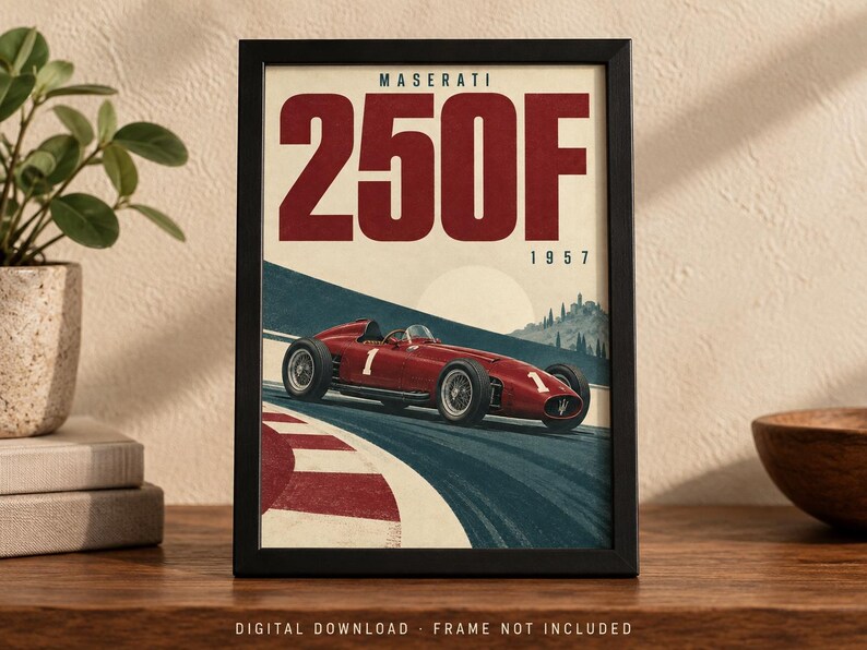 May include: A framed poster featuring a red Maserati 250F race car on a track. The text reads MASERATI 250F 1957. The car is marked with the number 1. The design includes a stylized landscape with a sun, hills, and a red and white curb.