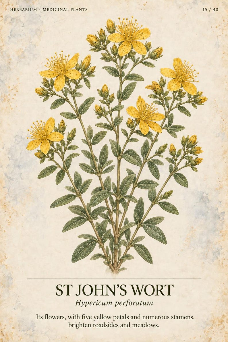 May include: A botanical print of St. John's Wort, Hypericum perforatum, featuring yellow flowers with five petals and numerous stamens, green leaves, and stems. The text reads: HERBARIUM MEDICINAL PLANTS 15 / 40, ST JOHN'S WORT, Hypericum perforatum.
