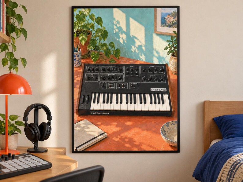 Pu&ograve; includere: Una stampa artistica da parete incorniciata raffigurante un sintetizzatore analogico Sequential Circuits Pro-One. Lo strumento a tastiera nero con pannelli laterali in legno &egrave; esposto su una superficie arancione, circondato da piante e una ciotola.