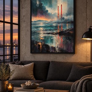 May include: A framed rectangular wall art print featuring an impressionistic landscape painting of a coastal industrial site with two tall glowing orange smokestacks, dark teal water, and a sunset sky with deep blue and orange clouds.