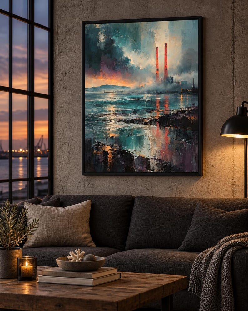 May include: A framed rectangular wall art print featuring an impressionistic landscape painting of a coastal industrial site with two tall glowing orange smokestacks, dark teal water, and a sunset sky with deep blue and orange clouds.