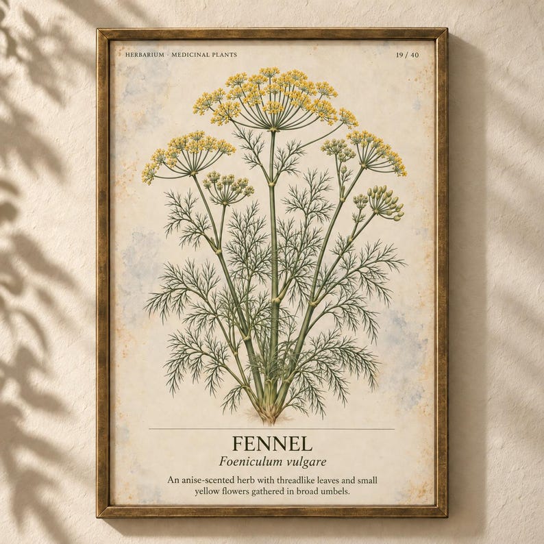 Puede incluir: Una l&aacute;mina bot&aacute;nica enmarcada que muestra una planta de hinojo con flores amarillas y hojas verdes plumosas. El texto dice: HERBARIUM MEDICINAL PLANTS 19/40, FENNEL Foeniculum vulgare, An anise-scented herb with threadlike leaves and small yellow flowers gathered in broad umbels.