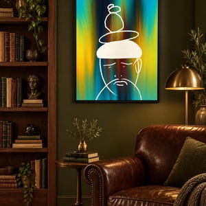 May include: A rectangular wall art piece featuring a white line drawing of a person with a stacked object on their head, set against a vibrant, vertical gradient background of blue, yellow, and orange tones, all enclosed in a thin black frame.