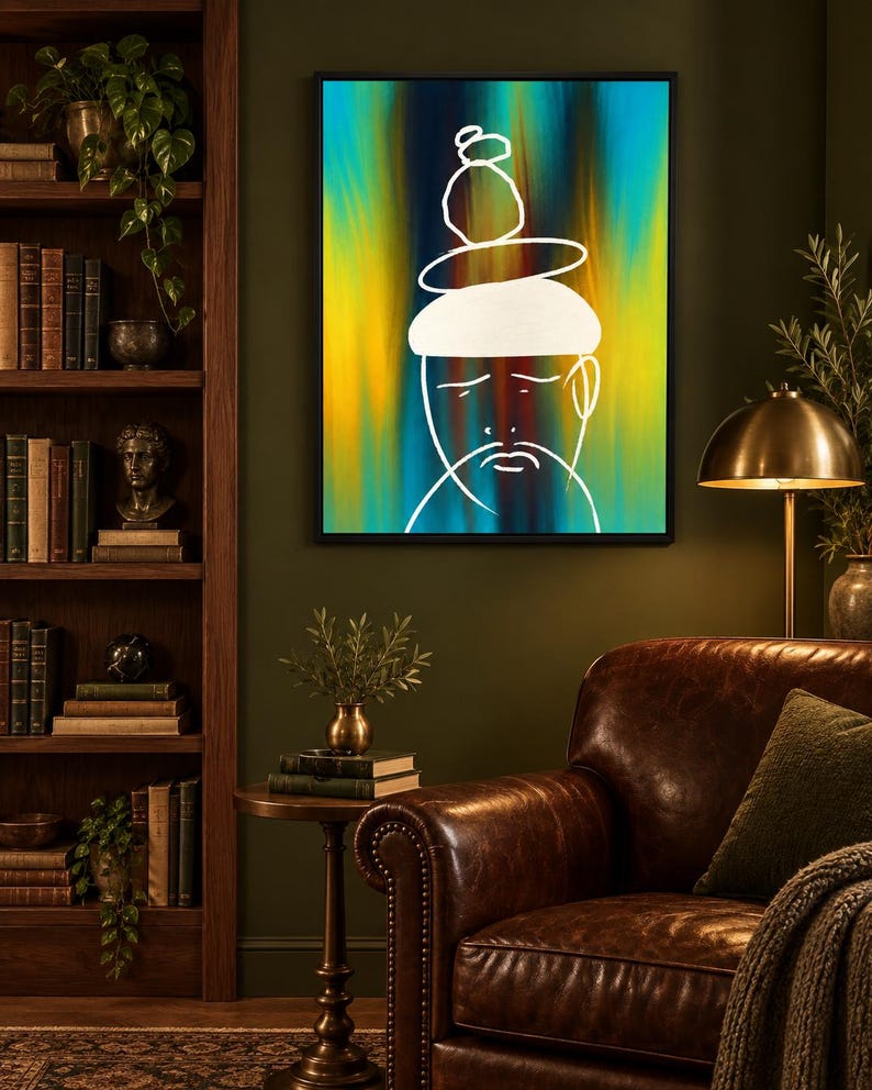 May include: A rectangular wall art piece featuring a white line drawing of a person with a stacked object on their head, set against a vibrant, vertical gradient background of blue, yellow, and orange tones, all enclosed in a thin black frame.