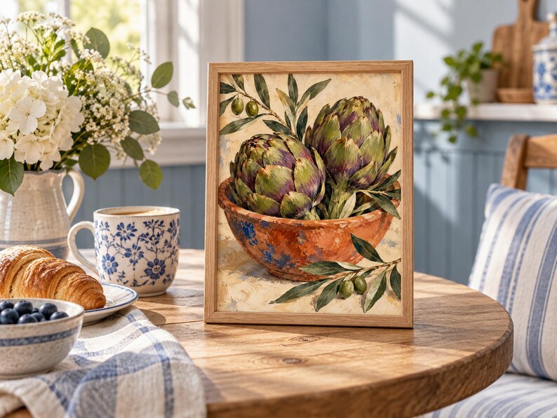 May include: A framed wall art print featuring a painting of two green and purple artichokes resting in a rustic, weathered terracotta bowl, accompanied by olive branches with small green olives, set against a light, textured cream background.