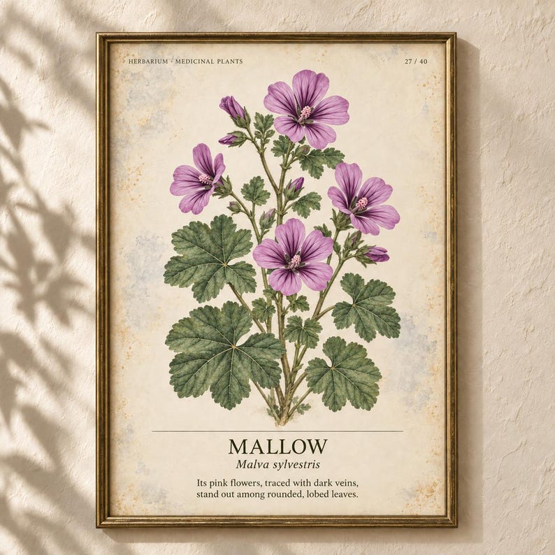 Op de afbeelding: Een ingelijste botanische print van een kaasjeskruidplant met paarse bloemen en groene bladeren. De tekst bevat HERBARIUM MEDICINAL PLANTS, 27 / 40, MALLOW, Malva sylvestris, en een beschrijving van de roze bloemen en gelobde bladeren.