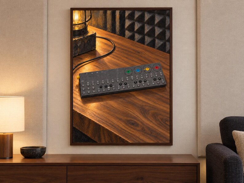 Op de afbeelding: Een donkergrijze draagbare synthesizer met een raster van kleine ronde knoppen, een rij genummerde toetsen en vier opvallende draaiknoppen in groen, blauw, geel en rood, geplaatst op een houten oppervlak naast een verlichte bureaulamp.