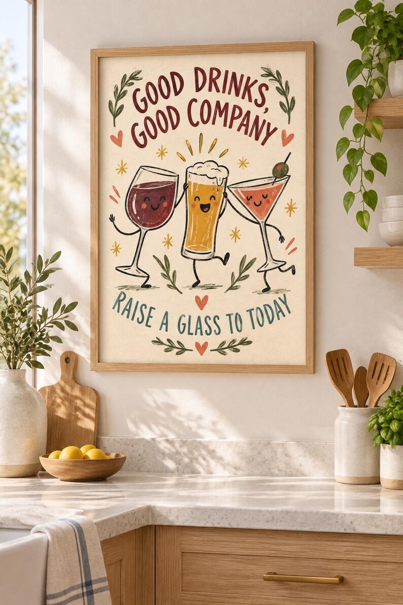 May include: A framed wall art print featuring a cartoon illustration of a wine glass, a beer glass, and a martini glass with faces. The text reads "GOOD DRINKS, GOOD COMPANY" and "RAISE A GLASS TO TODAY" in a cream-colored background with decorative leaves.