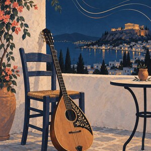 Pu&ograve; includere: Un bouzouki in legno con corpo a goccia e battipenna nero con intarsi floreali bianchi, appoggiato a una sedia blu in legno con seduta intrecciata su una terrazza in pietra che si affaccia su una citt&agrave; costiera illuminata e rovine.