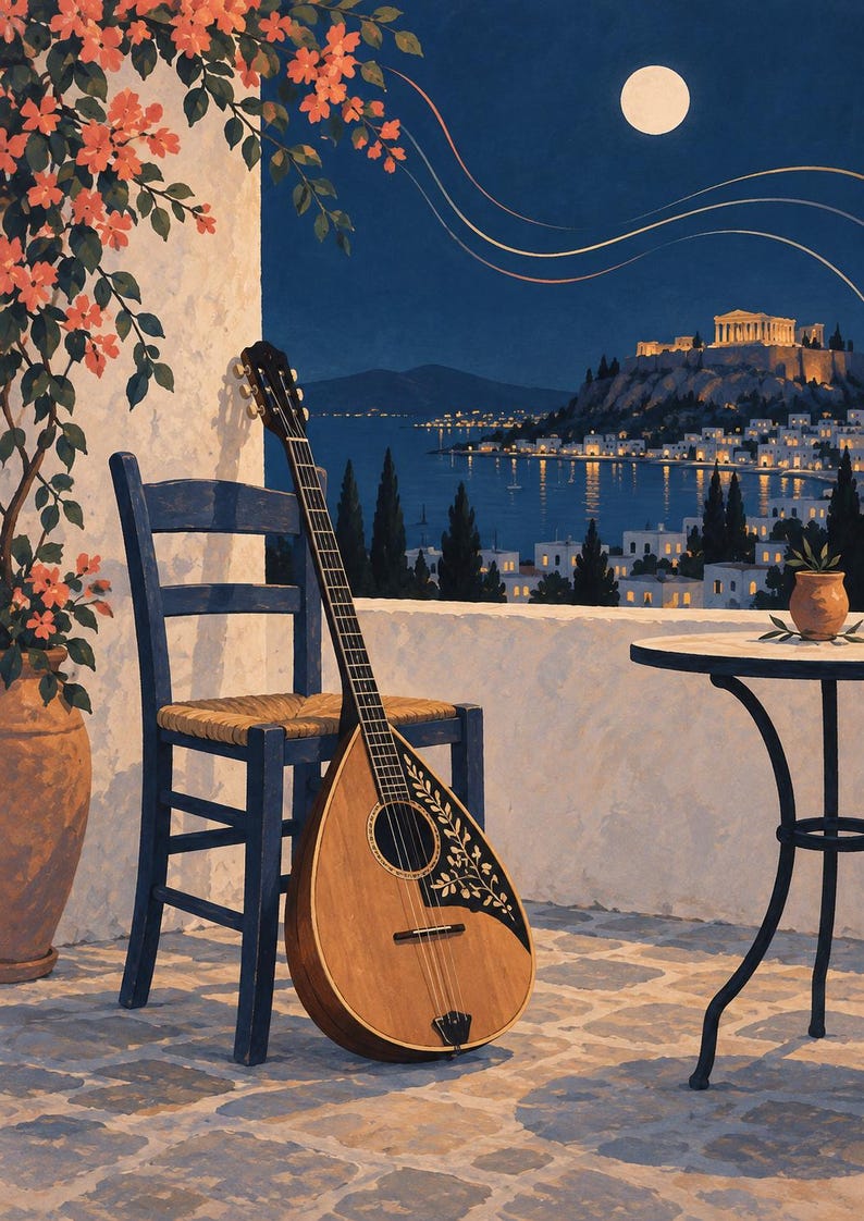 Pu&ograve; includere: Un bouzouki in legno con corpo a goccia e battipenna nero con intarsi floreali bianchi, appoggiato a una sedia blu in legno con seduta intrecciata su una terrazza in pietra che si affaccia su una citt&agrave; costiera illuminata e rovine.