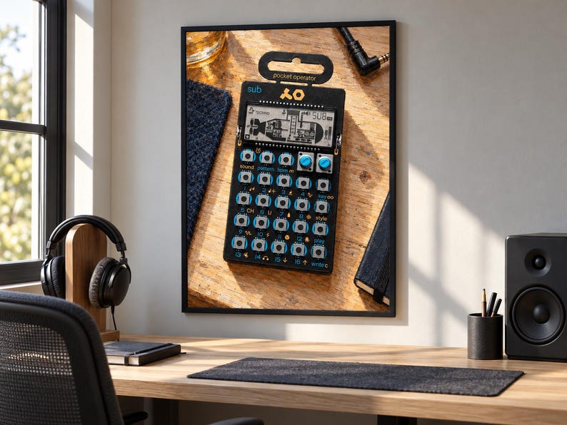 Op de afbeelding: Een zwarte pocket operator synthesizer met een digitaal LCD-scherm met een onderzeebootafbeelding, gelabeld sub en PO-137. Het apparaat heeft meerdere ronde knoppen met blauwe accenten, een ophanglipje aan de bovenkant en twee blauwe draaiknoppen.