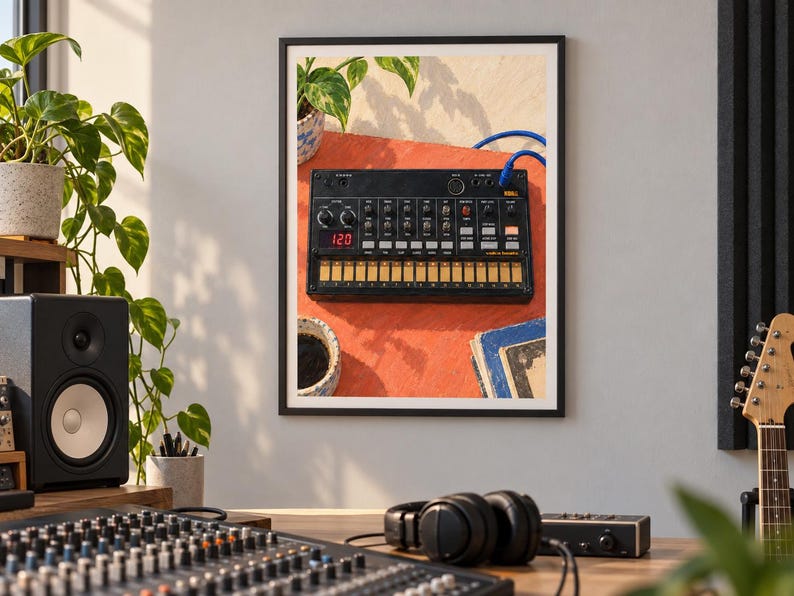 Puede incluir: Una impresi&oacute;n de pared enmarcada que muestra un sintetizador Korg Volca negro con una pantalla digital roja que indica 120, colocado sobre una superficie naranja junto a un cable azul, una taza de cer&aacute;mica peque&ntilde;a y libros con cubiertas azules.