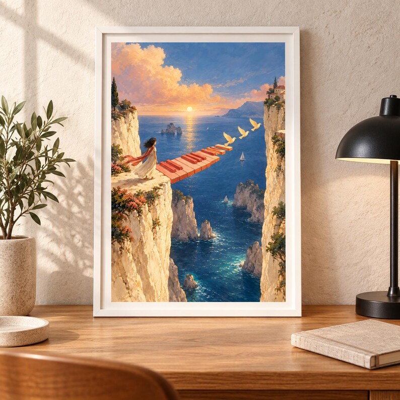 May include: A framed wall art print depicting a person in a white dress standing on a cliff edge, looking out at a sunset over the ocean. A piano keyboard extends from the cliff over the water, with three white birds flying above the keys.