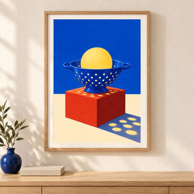 Puede incluir: Una l&aacute;mina art&iacute;stica enmarcada que muestra un colador azul vibrante sobre un cubo rojo s&oacute;lido. Dentro del colador hay una esfera amarilla grande y lisa. La composici&oacute;n se sit&uacute;a sobre un fondo azul intenso con un primer plano de color crema.