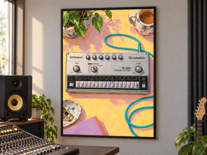 Pu&ograve; includere: Una stampa artistica da parete incorniciata che presenta un'illustrazione digitale di una drum machine Roland TR-606 Drumatix argentata su una superficie gialla con un cavo blu, una pianta in vaso, una tazza in ceramica e un libro viola.