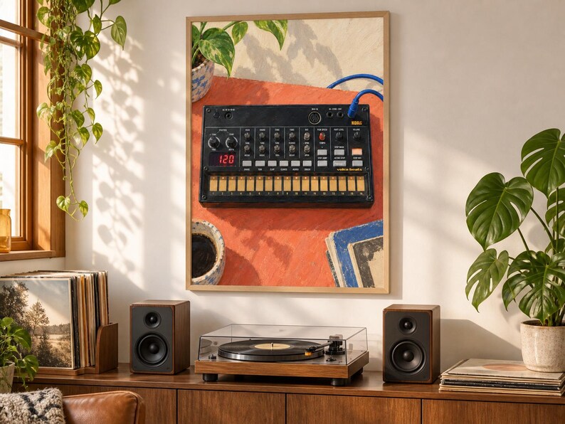Puede incluir: Una impresi&oacute;n de arte mural enmarcada que representa una caja de ritmos anal&oacute;gica Korg Volca Beats negra sobre una superficie naranja vibrante, con una pantalla digital que muestra 120, perillas de control, teclado t&aacute;ctil y un cable azul.