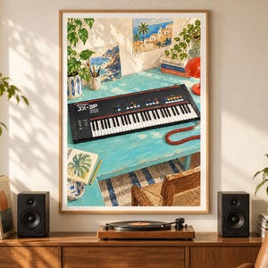 May include: A framed art print depicting a black Roland JX-3P synthesiser on a bright turquoise desk. The scene includes a red lamp, a potted plant, a sketchbook with a leaf drawing, and a coastal landscape painting, all rendered in a painterly style.