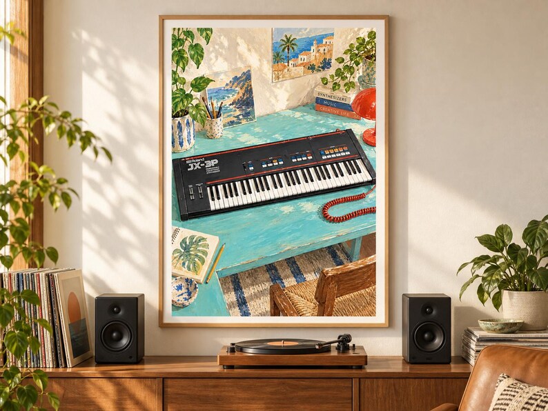 May include: A framed art print depicting a black Roland JX-3P synthesiser on a bright turquoise desk. The scene includes a red lamp, a potted plant, a sketchbook with a leaf drawing, and a coastal landscape painting, all rendered in a painterly style.