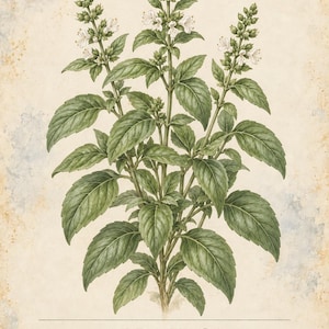 May include: A botanical illustration of a basil plant with green leaves and small white flowers on spikes. The text reads HERBARIO PLANTAS MEDICINALES 40/40, ALBAHACA, Ocimum basilicum, and a description of the plant on a textured beige background.