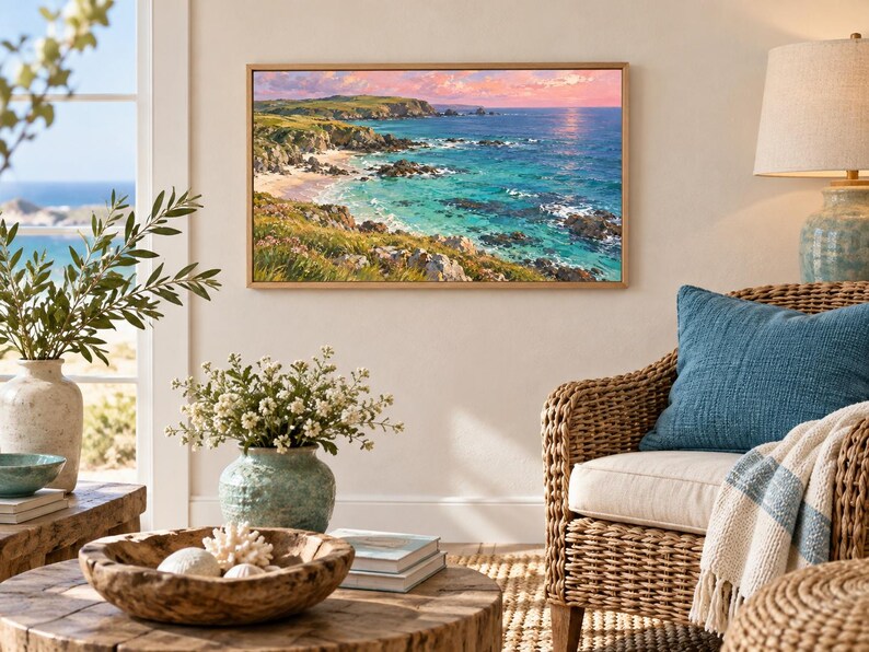 May include: A rectangular landscape painting in a light wood frame depicting a coastal scene with turquoise water, rocky cliffs, and green grassy hills under a pink and orange sunset sky, displayed on a wall above a wicker chair and wooden table.