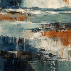 Op de afbeelding: Een abstract schilderij met gelaagde horizontale banden van diep marineblauw, taling en gebrand oranje. De compositie bevat gestructureerde penseelstreken, witte verfdruppels en een bleke cirkelvormige vorm in de rechterbovenhoek.