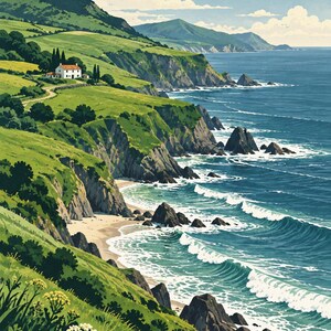 Pu&ograve; includere: Un'illustrazione paesaggistica di una costa con colline verdi, una casa bianca con tetto rosso e scogliere rocciose che si affacciano sull'oceano blu profondo. Onde bianche si infrangono sulla riva e piccoli fiori bianchi crescono in primo piano.