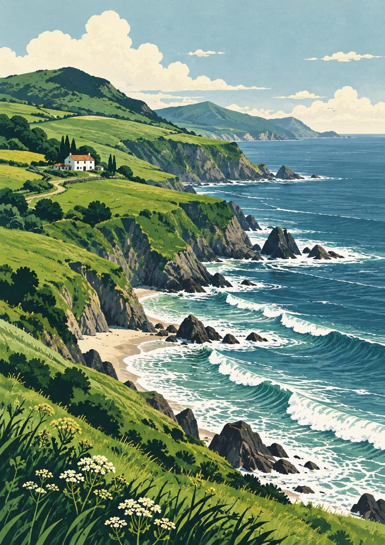 Pu&ograve; includere: Un'illustrazione paesaggistica di una costa con colline verdi, una casa bianca con tetto rosso e scogliere rocciose che si affacciano sull'oceano blu profondo. Onde bianche si infrangono sulla riva e piccoli fiori bianchi crescono in primo piano.